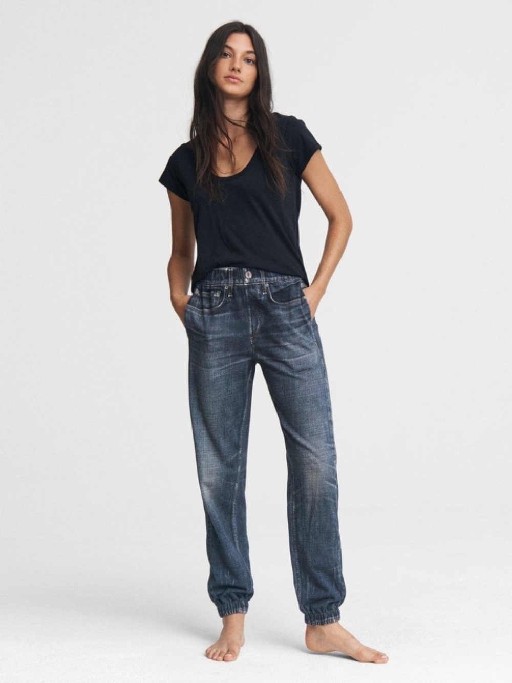 Rag & Bone Miramar Jogger, Dark Wash Jean Denim Print Jersey Pants, Womens Small